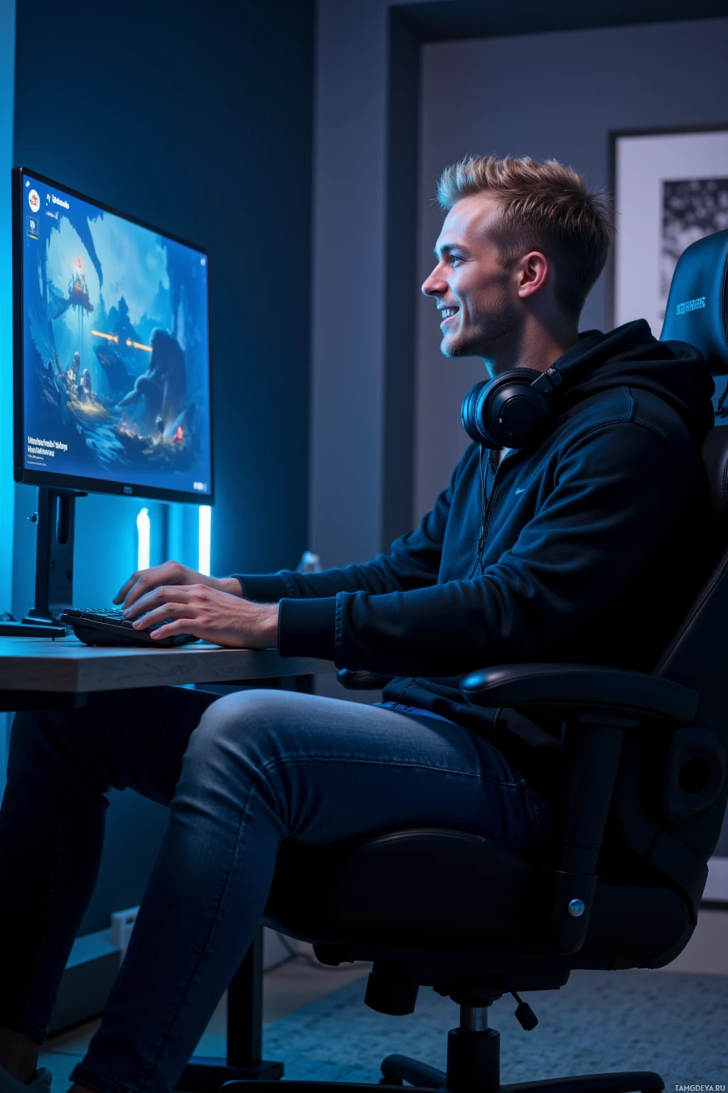 A person is sitting in a gaming chair, playing a video game on a computer monitor.