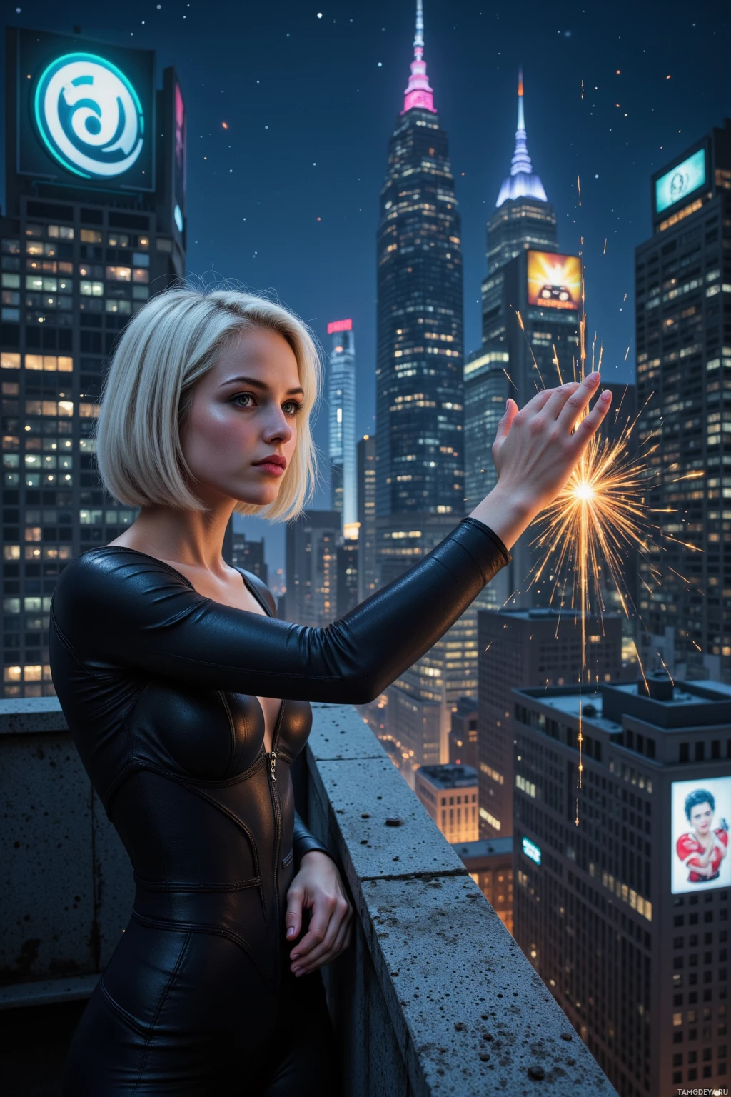 A woman in a black leather outfit stands on a rooftop overlooking a cityscape at night.