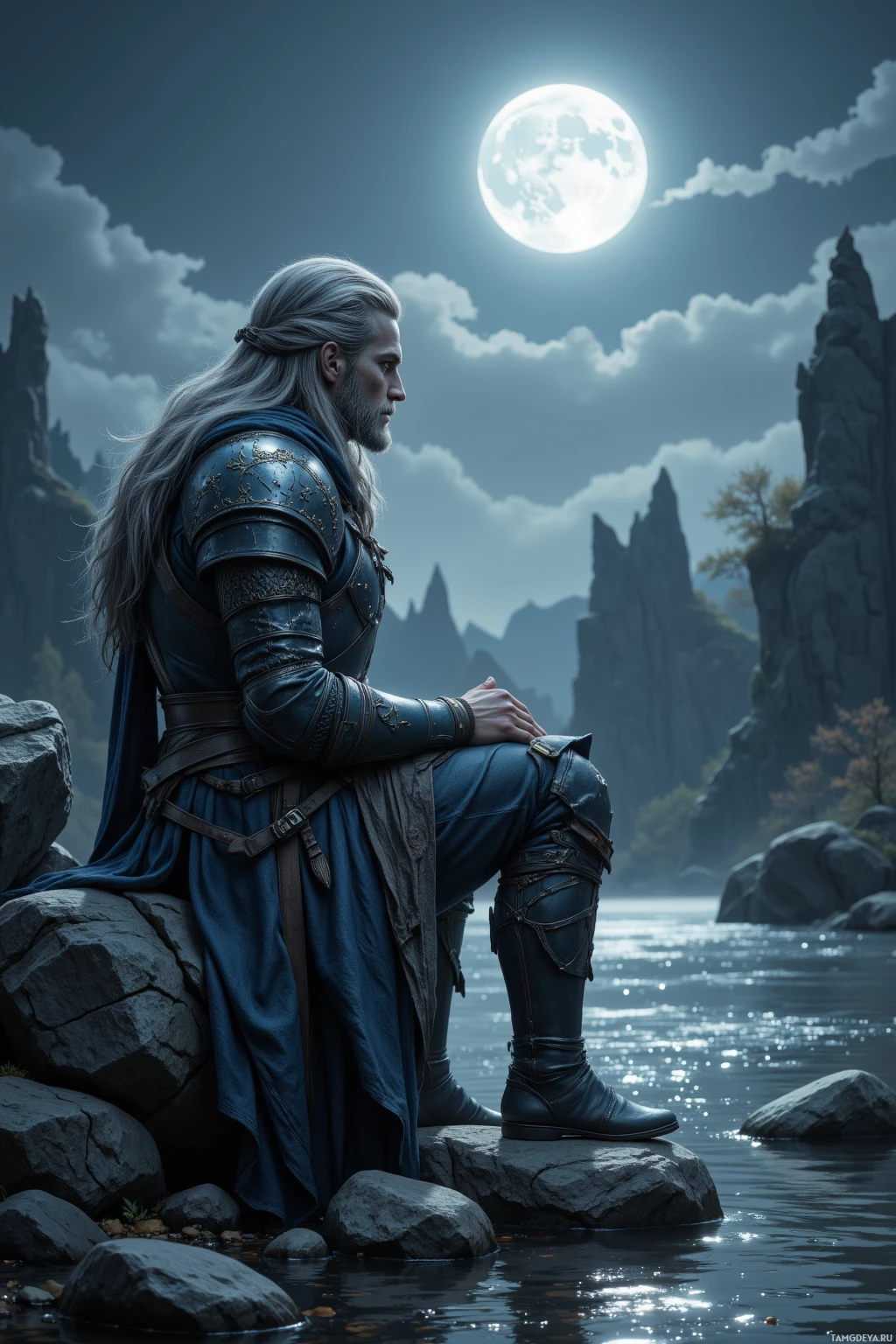A lone figure in armor sits contemplatively by a river under a full moon.