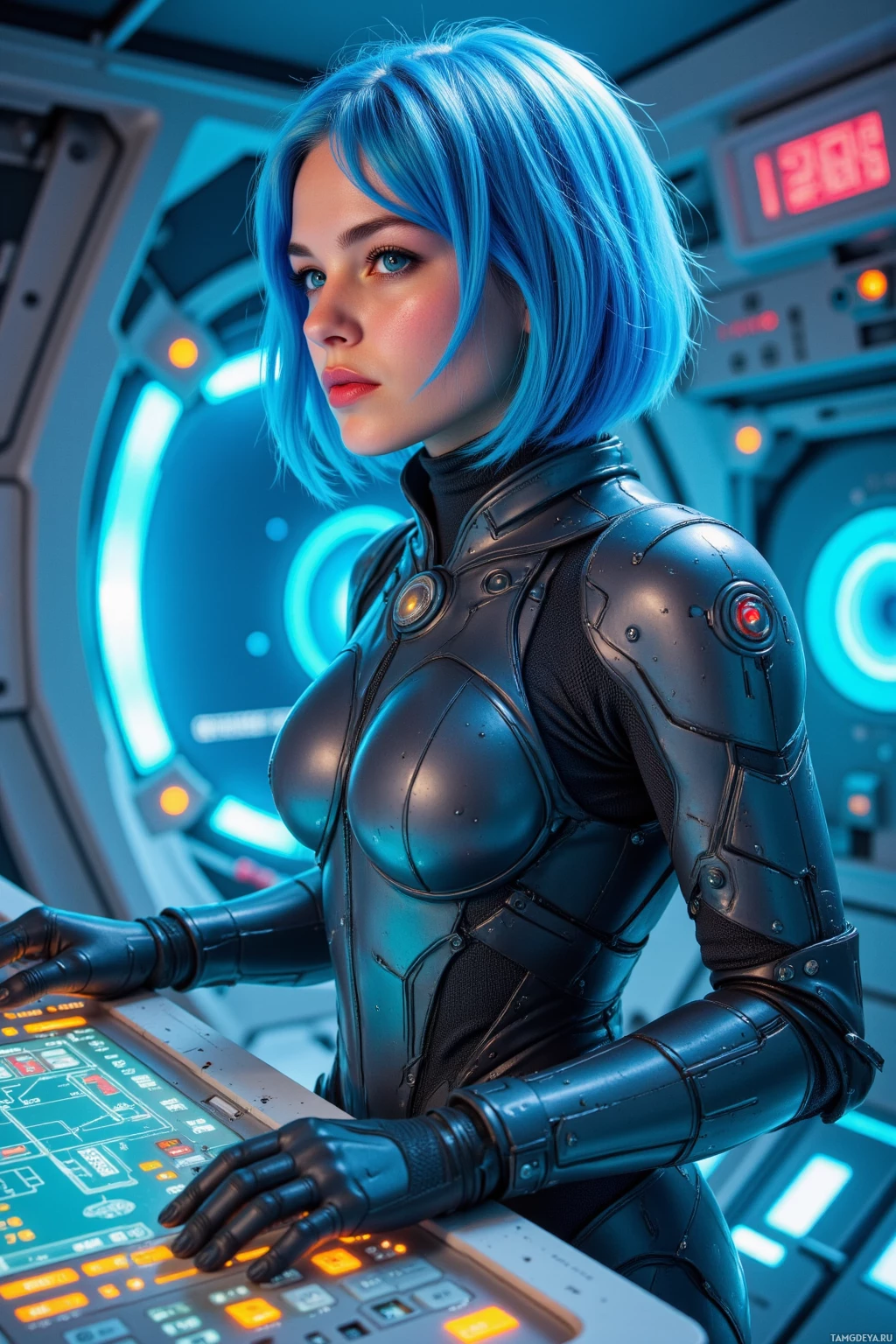 A futuristic woman in a sleek, black armored suit operates a high-tech control panel.
