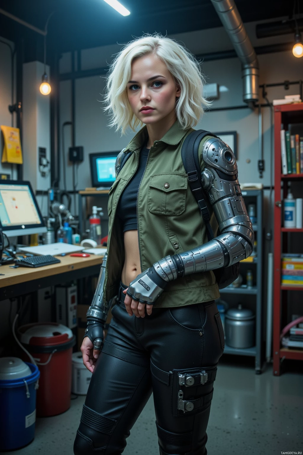 A person in a futuristic outfit with a mechanical arm stands in a workshop.