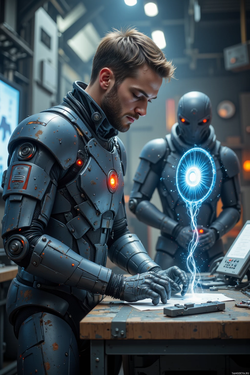 A person in futuristic armor works at a desk with a glowing circular device.