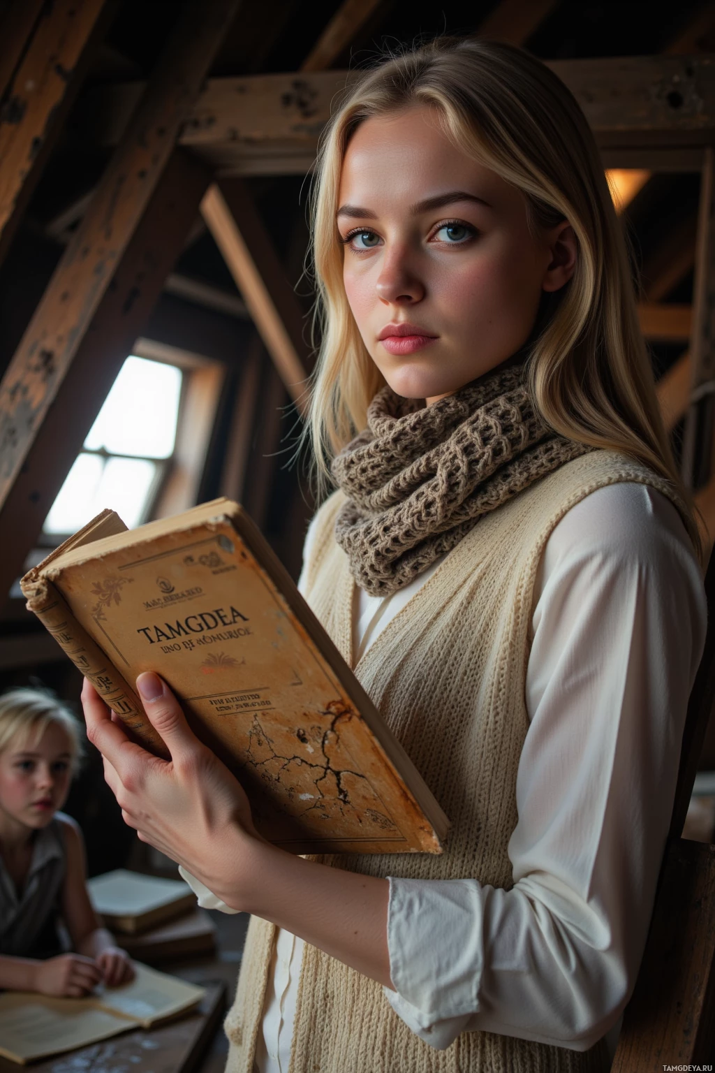 A young woman in a cozy setting holds an old book, wearing a scarf and a vest.