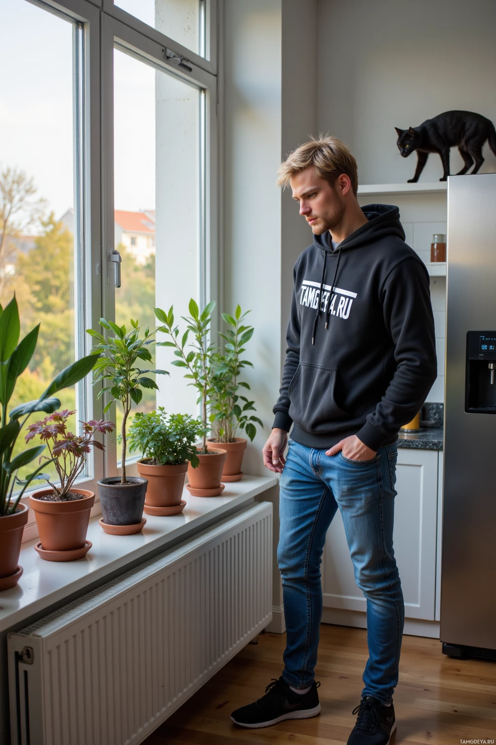 A man stands by a window in a kitchen, looking out.