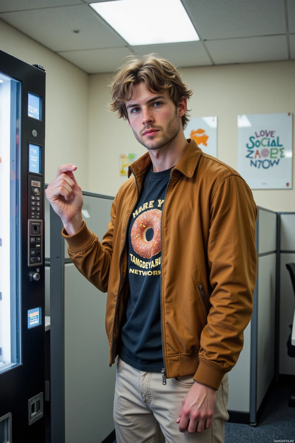 A person in a brown jacket stands near a vending machine in an office setting.