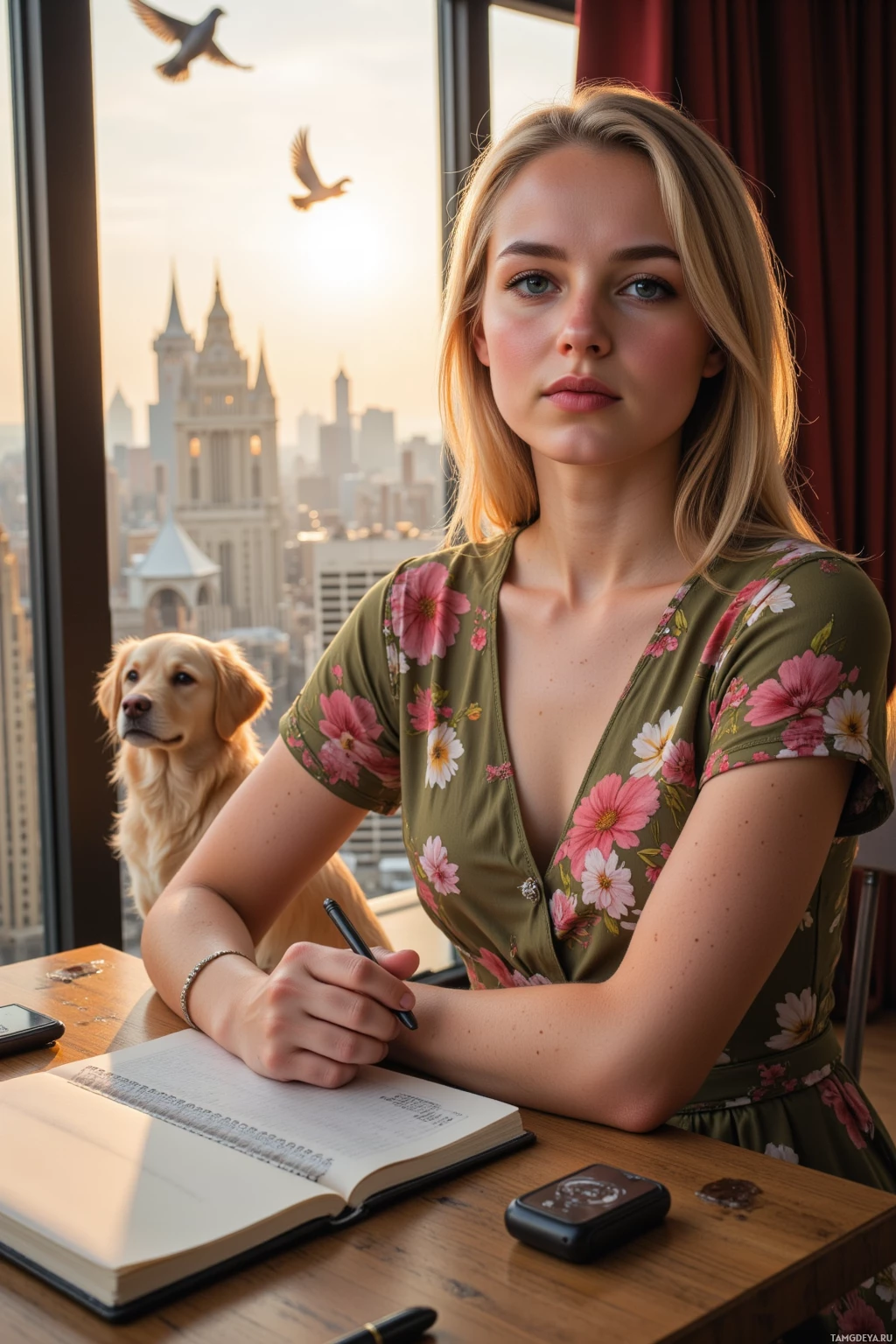 A woman sits at a desk with a notebook, pen, and phone, with a dog and a cityscape visible through the window.