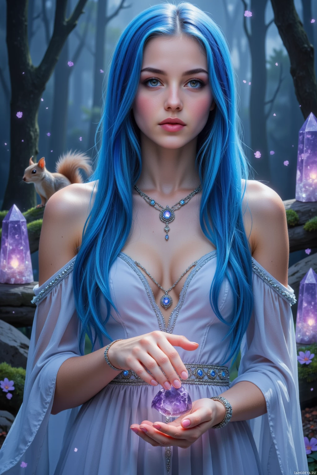 A woman with long blue hair in a forest setting, holding a glowing crystal.