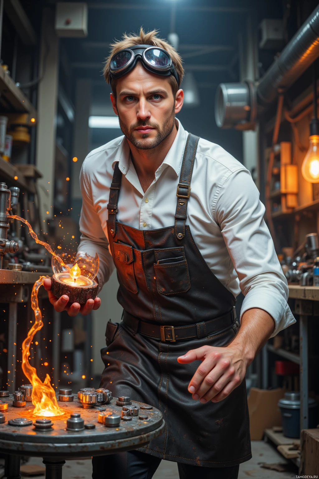A man in a workshop wearing goggles and an apron, holding a glowing object.