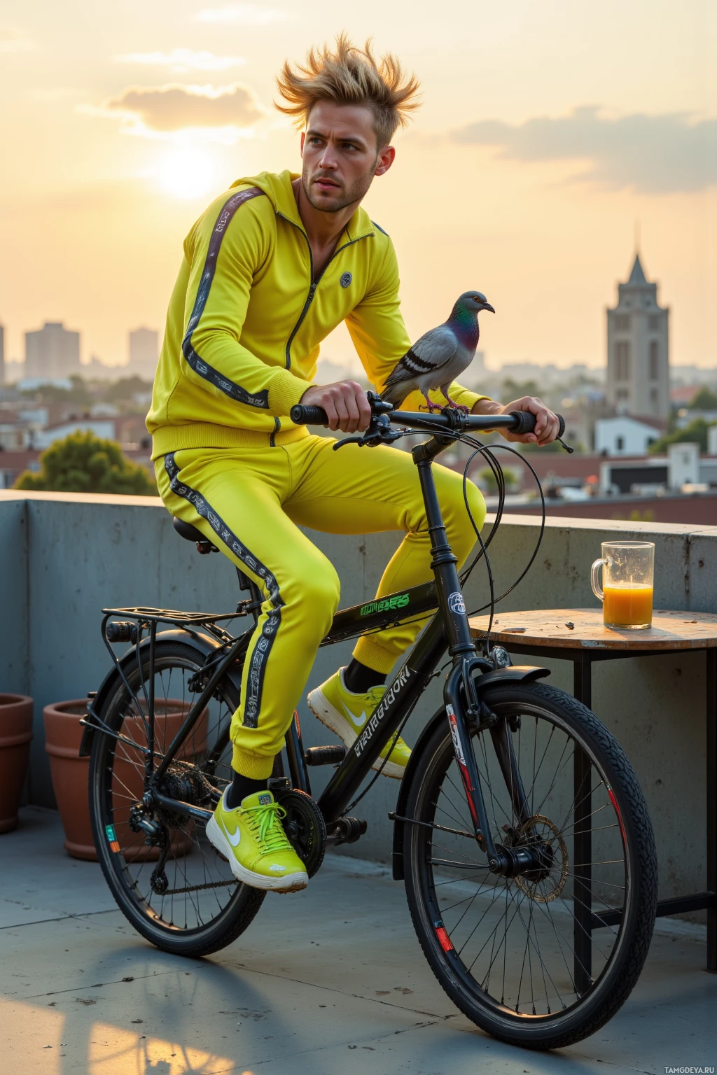 A person in a bright yellow tracksuit rides a bicycle on a rooftop with a pigeon perched on the handlebars.