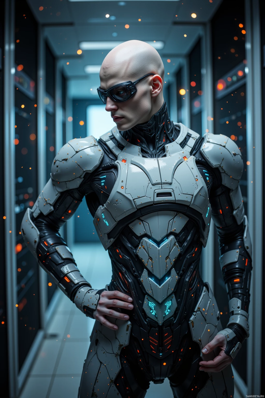 A futuristic armored figure stands in a corridor with glowing particles.