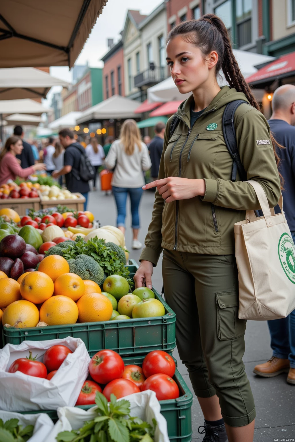 A woman in a green jacket stands at a market stall with fresh produce.