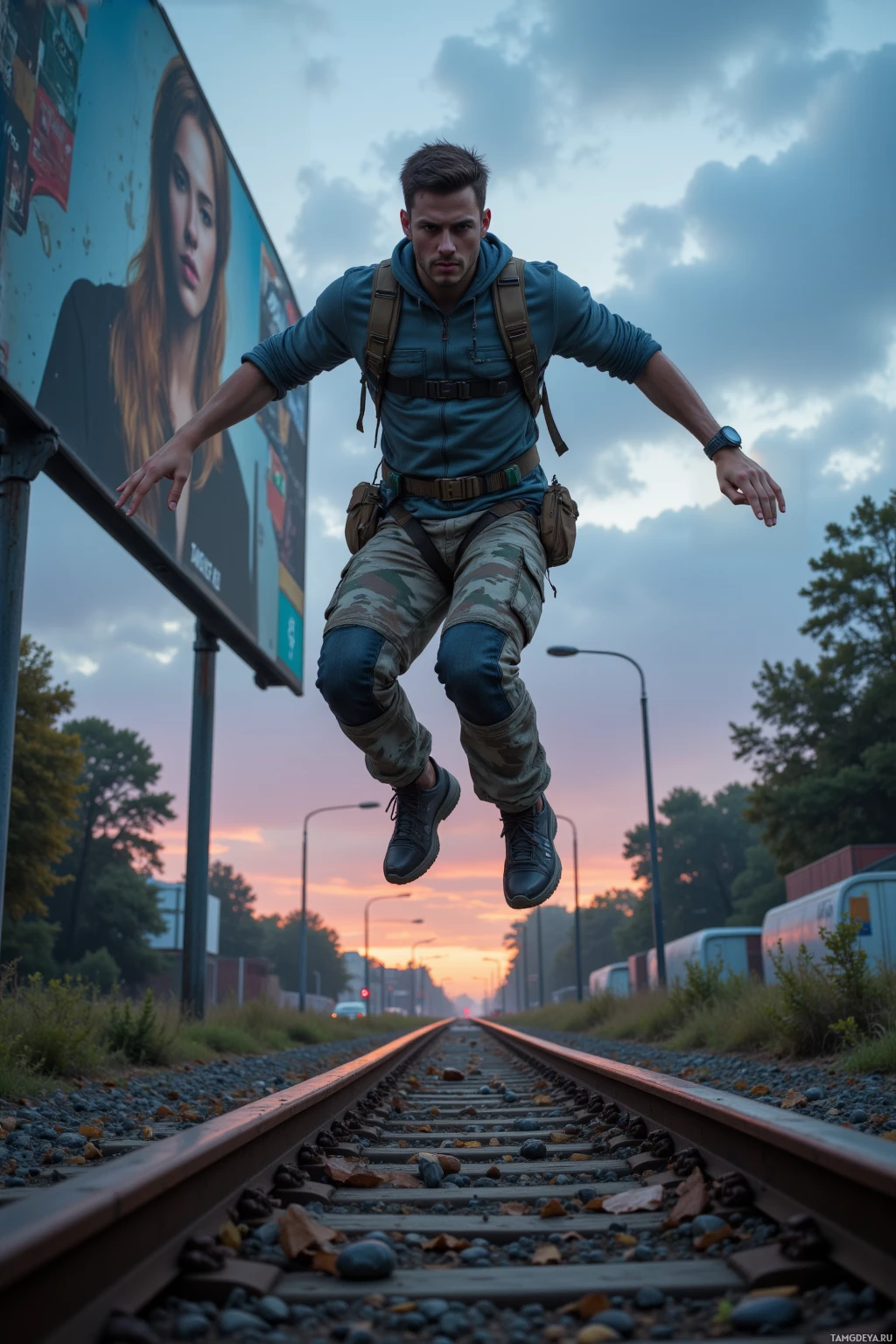 A man in a blue hoodie and camouflage pants jumps mid-air over train tracks at dusk.