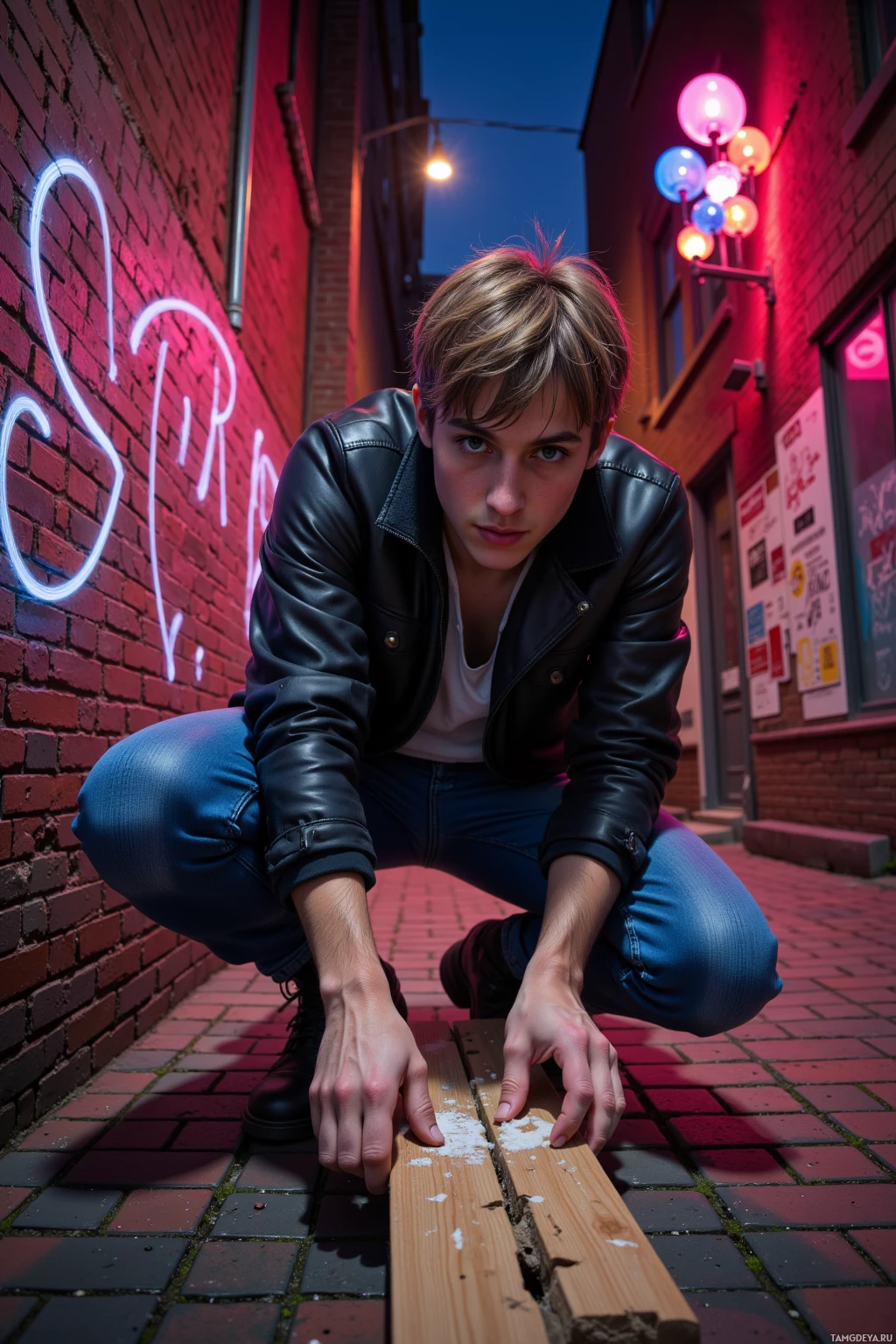 A person in a leather jacket crouches in an alleyway with neon lights and brick walls.