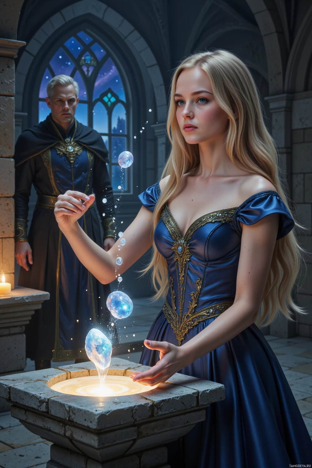 A woman in a blue gown holds glowing orbs above a stone pedestal, with a man in a dark robe observing in the background.
