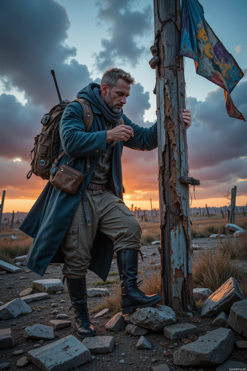 A man in a coat and boots leans against a weathered post in a desolate landscape at sunset.