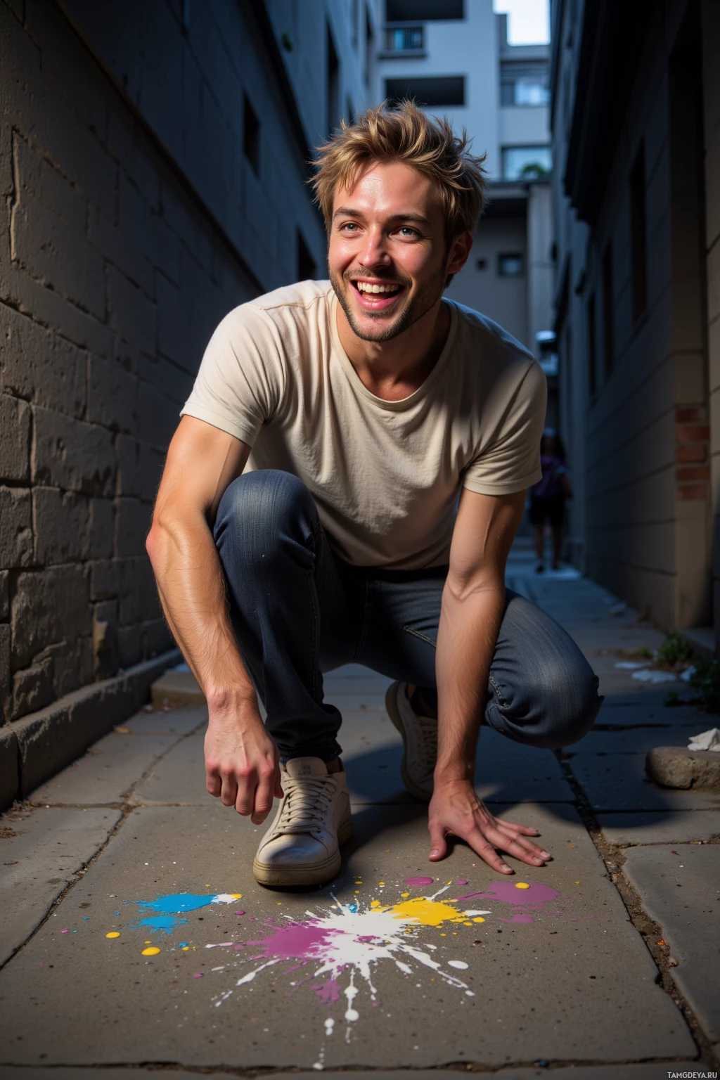 A man in a beige t-shirt and jeans crouches near colorful paint splatters on a sidewalk.