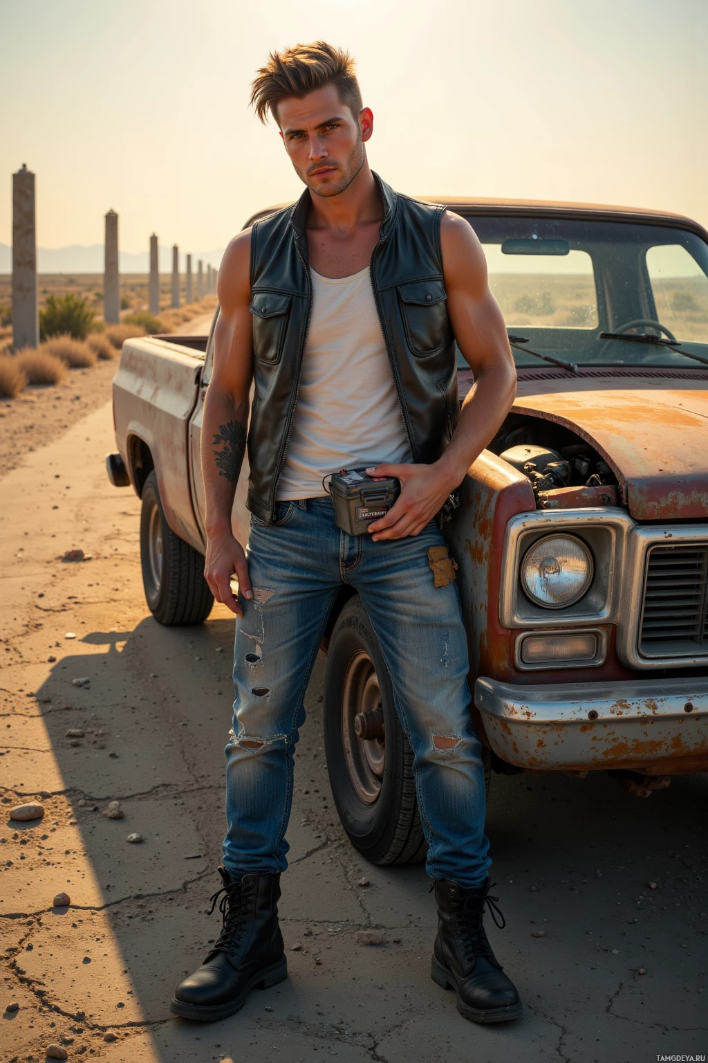 A man stands beside a rusted truck in a desert landscape.