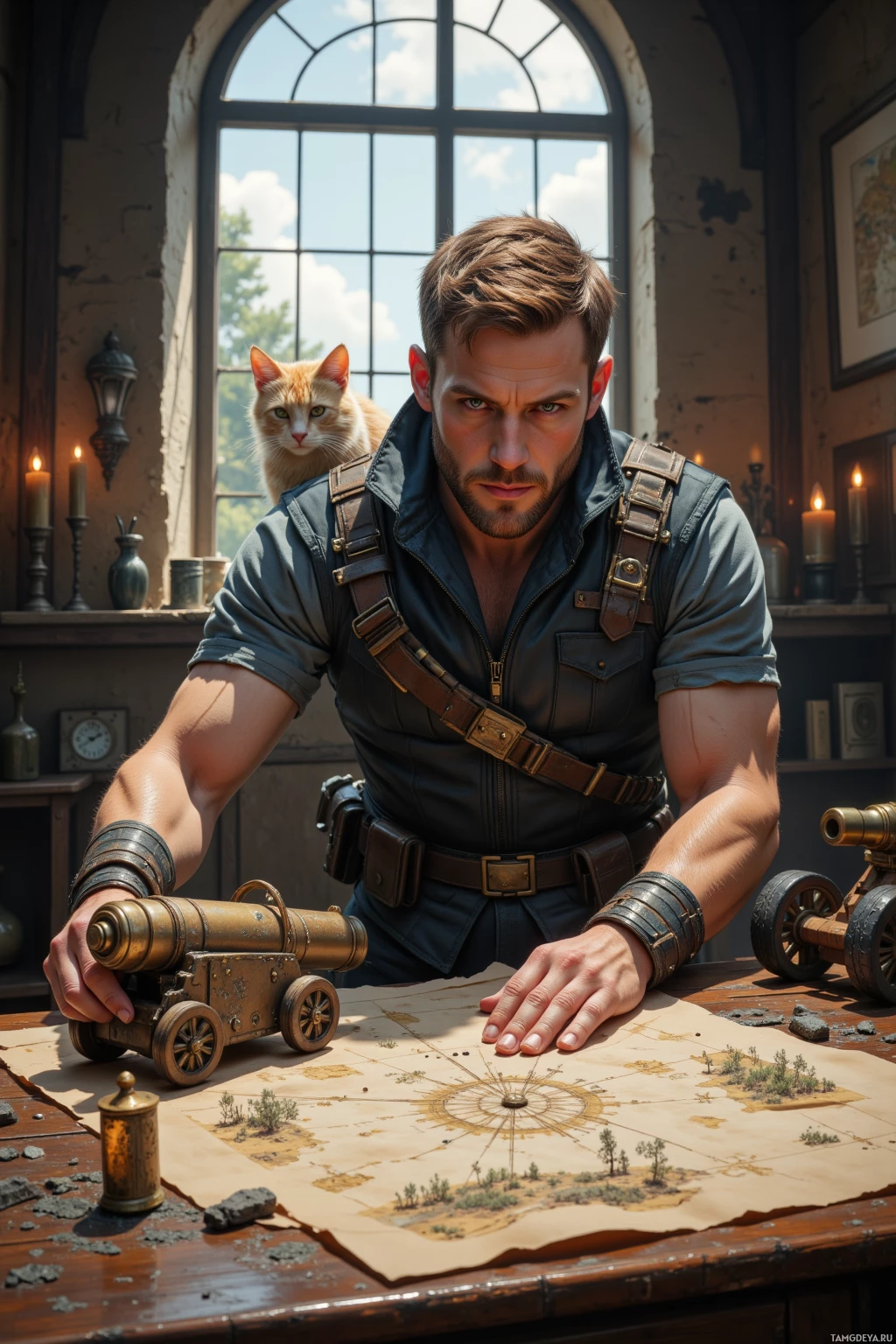A man in a rugged outfit leans over a map, holding a small cannon, with a cat perched on his shoulder.