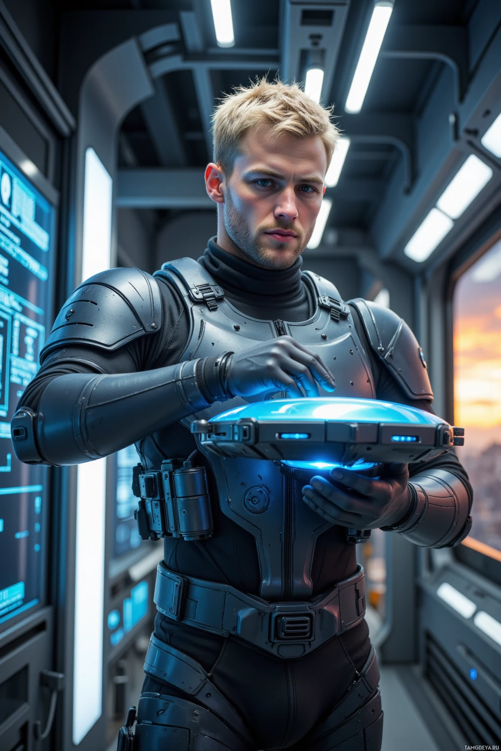 A person in futuristic armor holds a glowing device in a high-tech environment.
