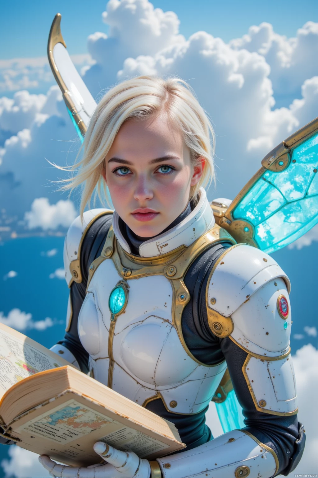 A person in futuristic armor holds an open book against a backdrop of clouds and sky.