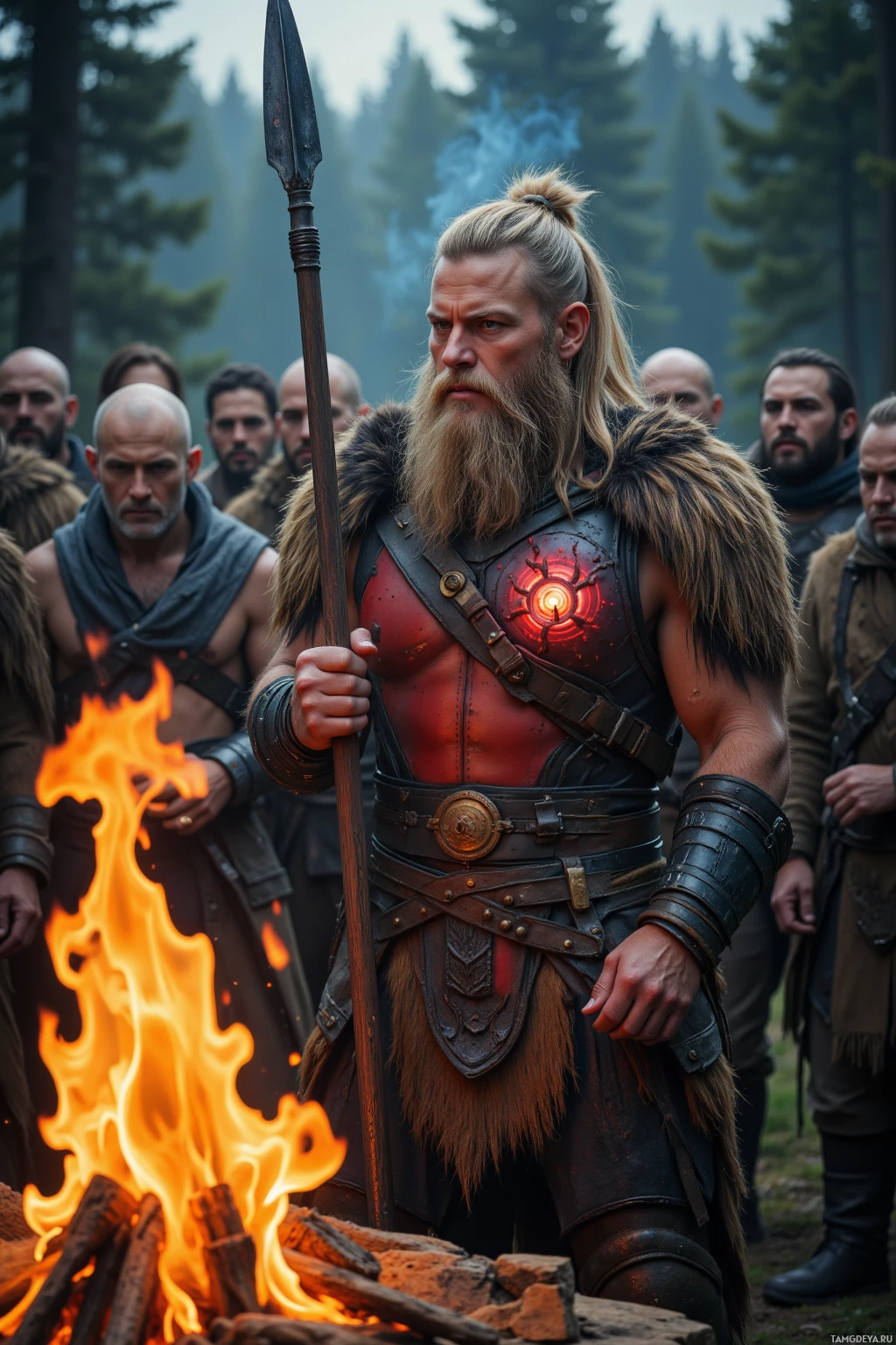 A warrior in armor stands by a campfire, holding a spear, with a group of men in the background.