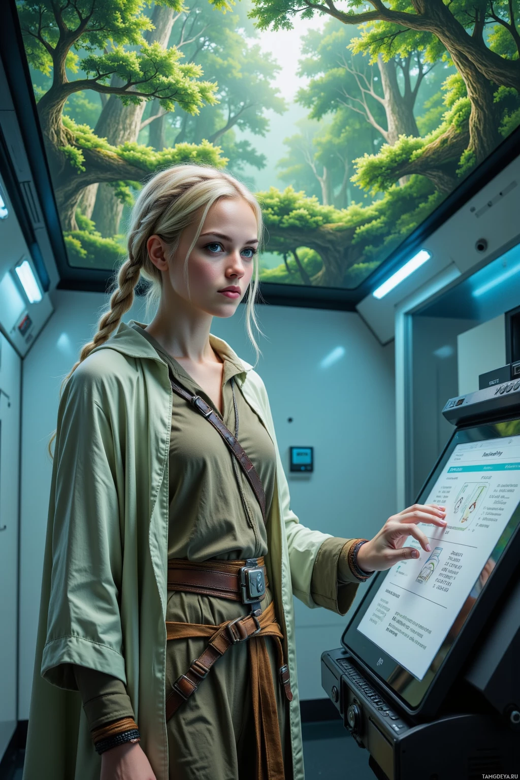 A person in a green outfit interacts with a futuristic touch screen in a room with a forest view.