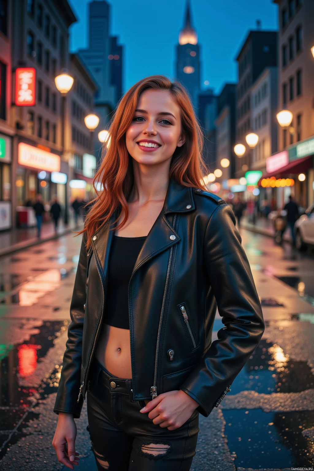A woman in a black leather jacket stands on a wet city street at dusk.