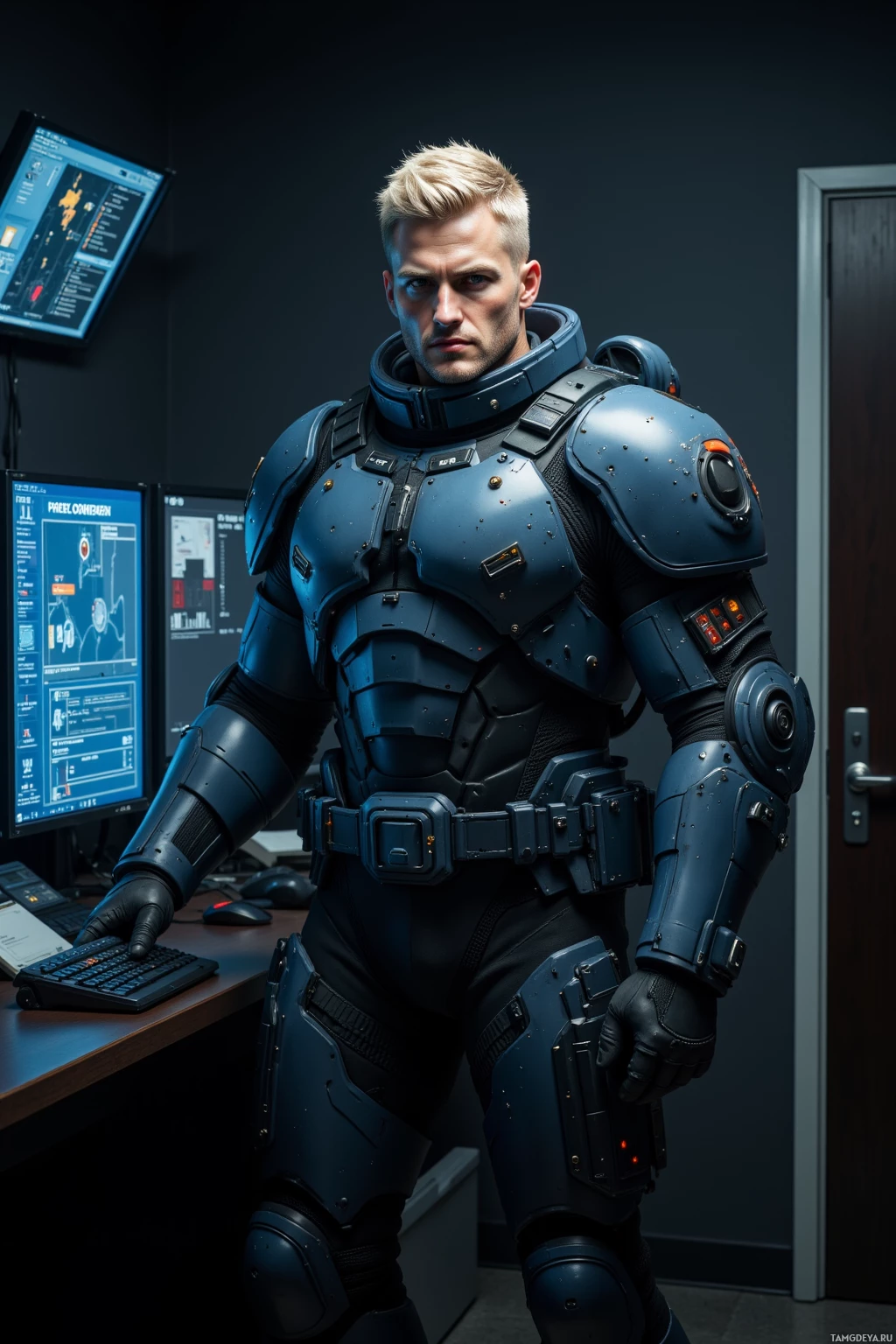 A person in a futuristic armored suit stands in a room with a computer setup.