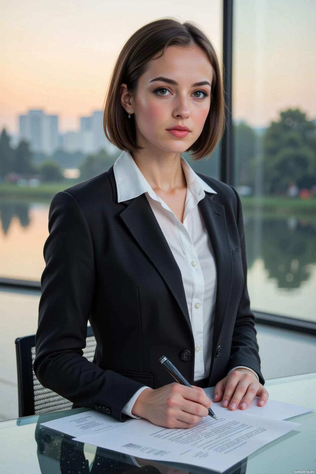 A woman in a professional suit is signing a document at a desk.