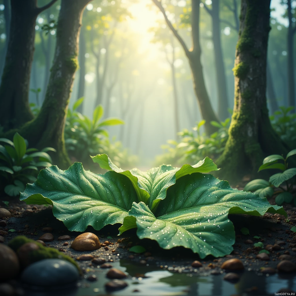 A serene forest scene with sunlight filtering through trees, a large leaf in the foreground, and a small puddle of water on the ground.