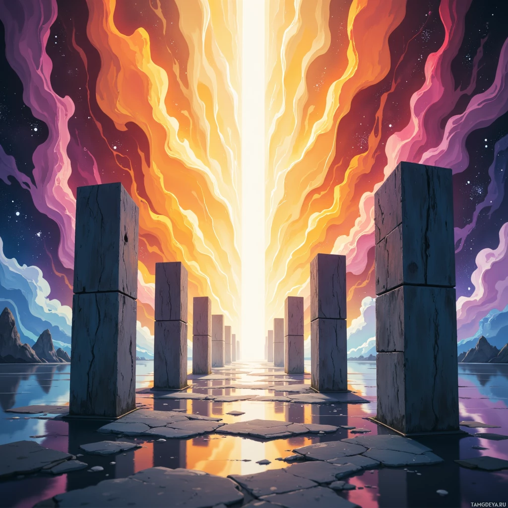 A surreal landscape featuring tall stone pillars leading towards a radiant light in the sky, with colorful clouds and a reflective ground.