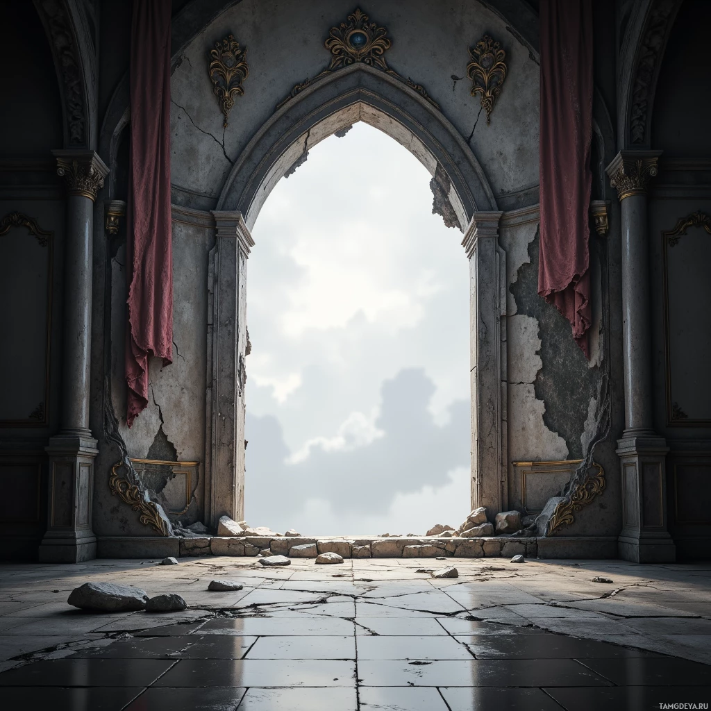 An old, dilapidated interior with a broken archway leading to a bright sky.