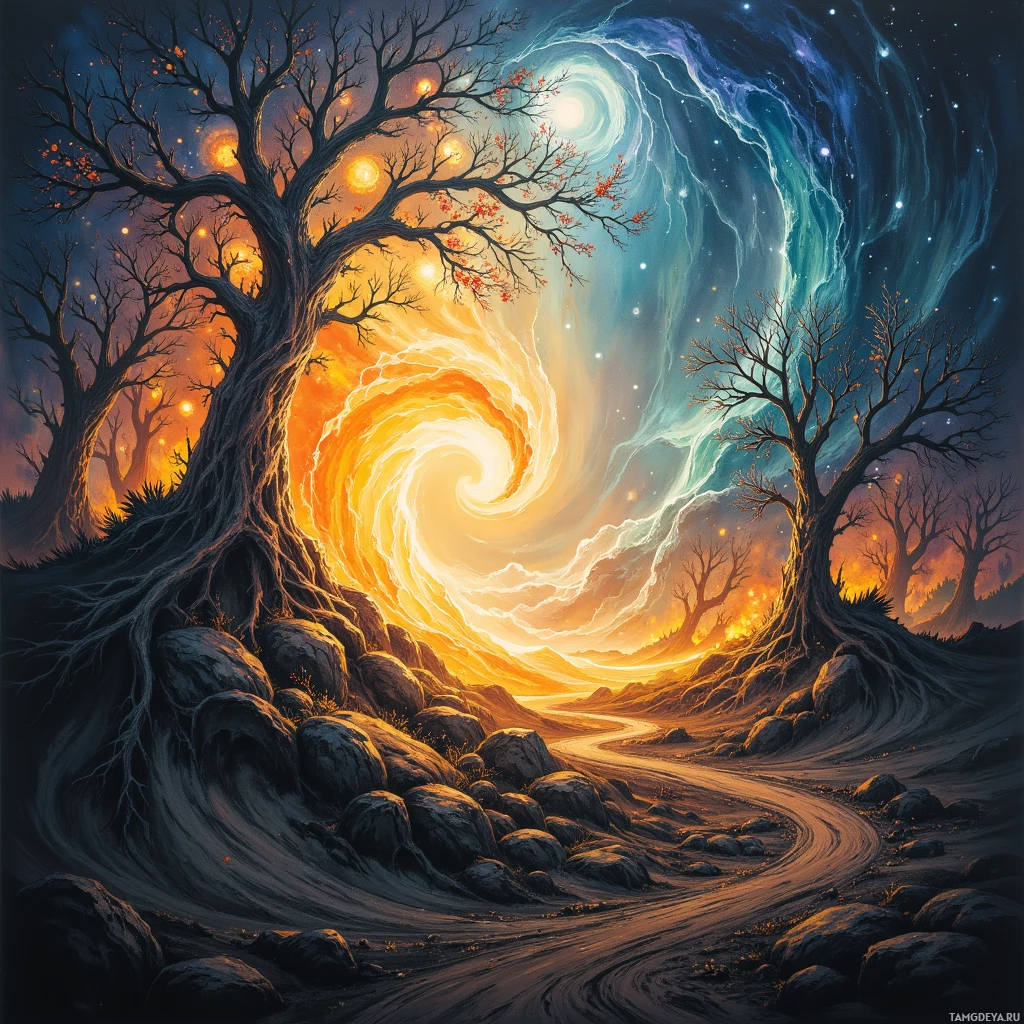 A mystical landscape featuring a swirling vortex of light and shadow, with bare trees and rocky terrain under a starry night sky.