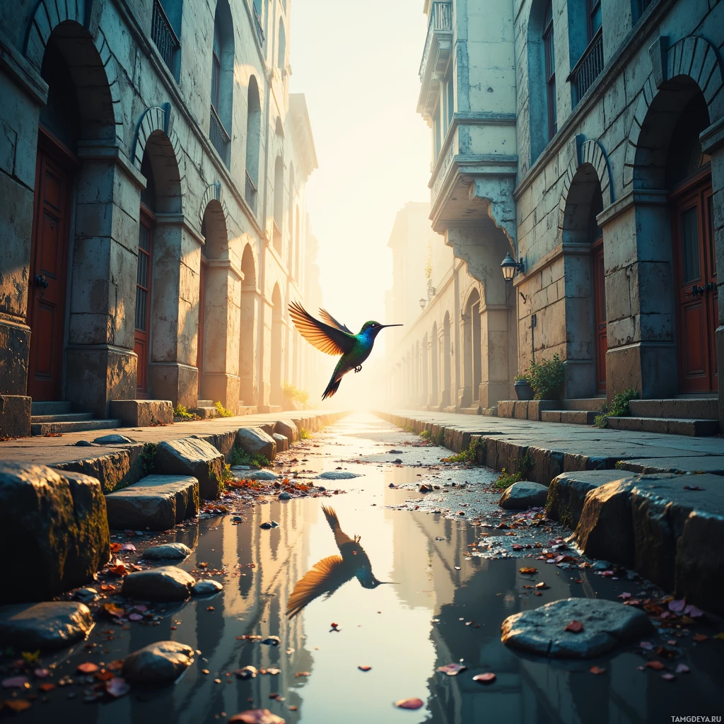 A bird soars over a cobblestone street lined with historic buildings and a reflective puddle.