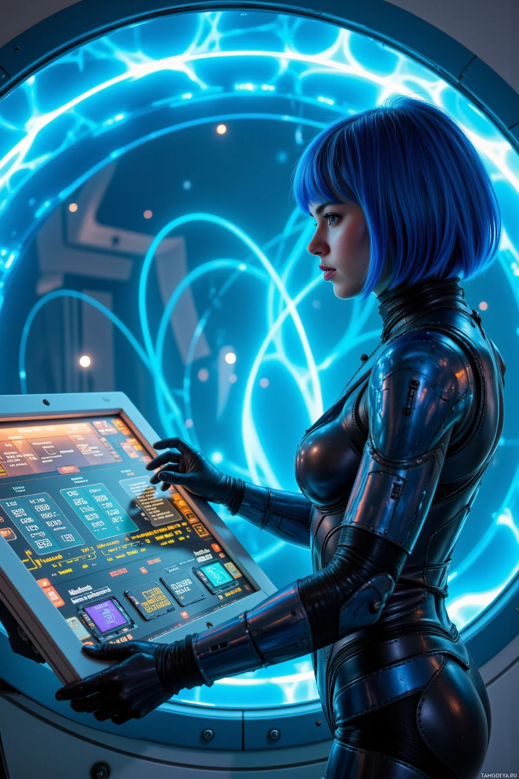 A futuristic woman in a sleek, black suit interacts with a high-tech control panel in a glowing, sci-fi environment.