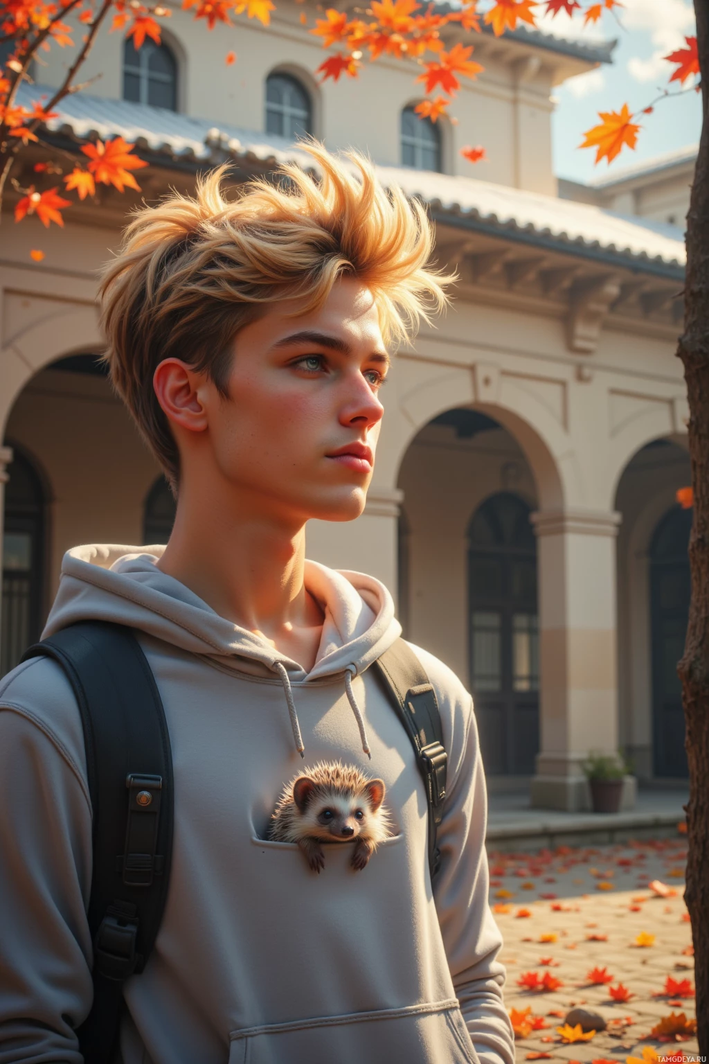 A person wearing a hoodie with a small hedgehog peeking out of the pocket, standing outdoors with autumn leaves and a building in the background.