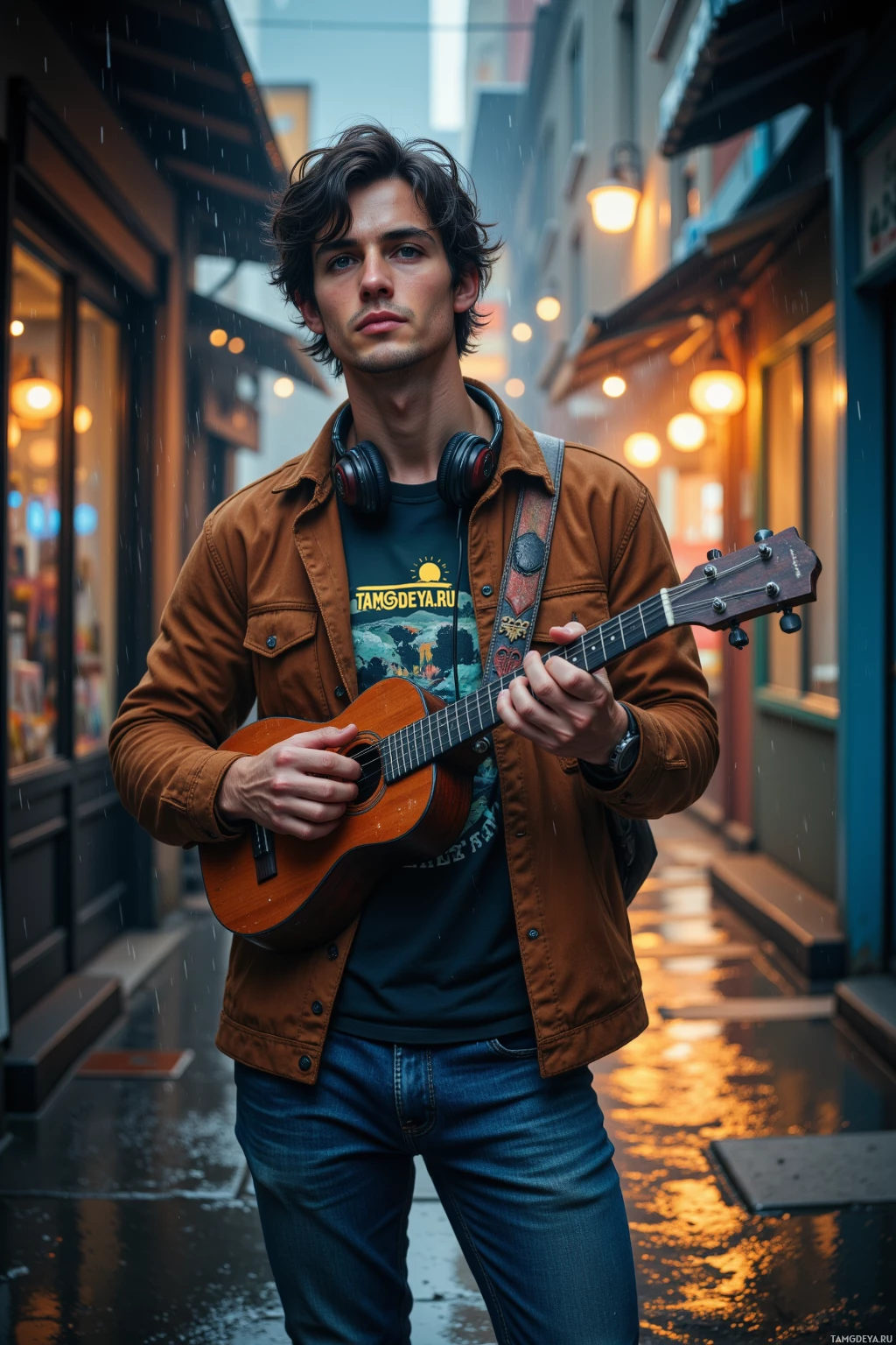 A man stands in a rainy alleyway, holding a guitar and wearing headphones.