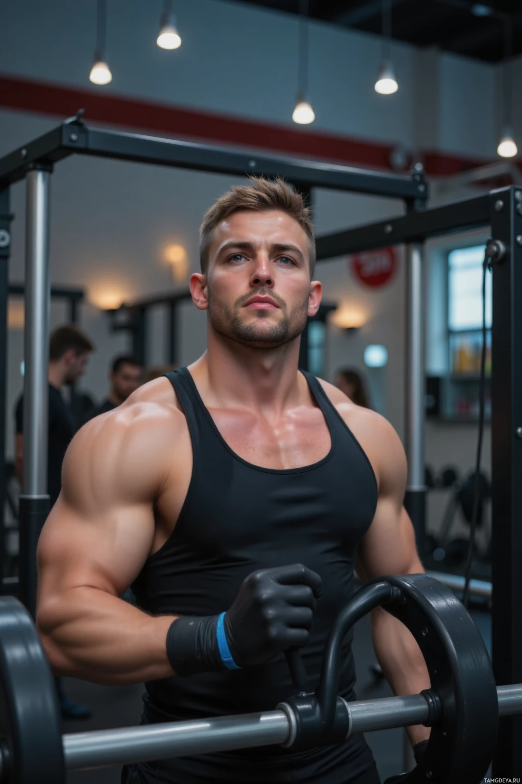 A muscular man in a gym wearing a black tank top and gloves, holding a barbell.