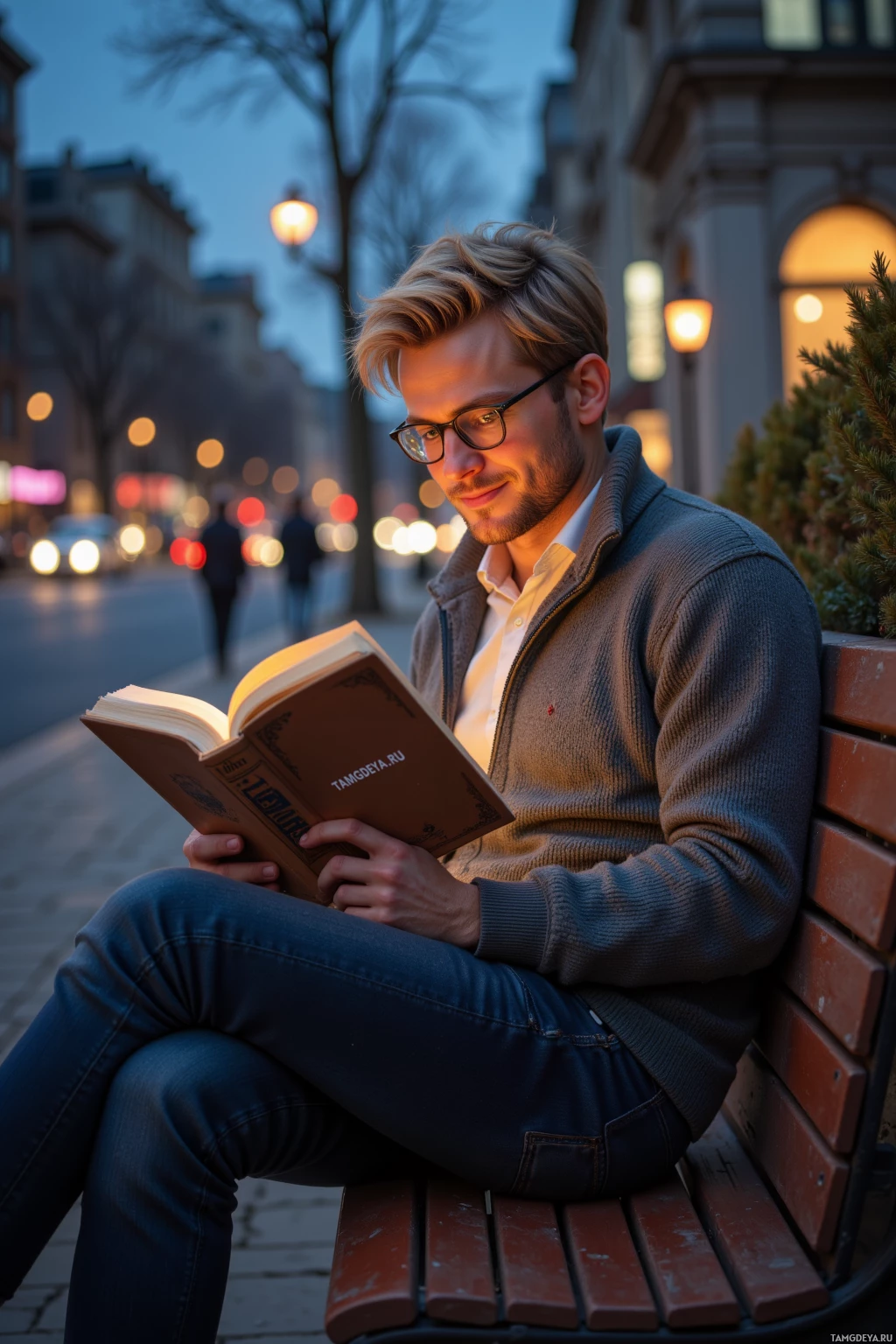 A man sits on a bench reading a book in an urban setting at dusk.