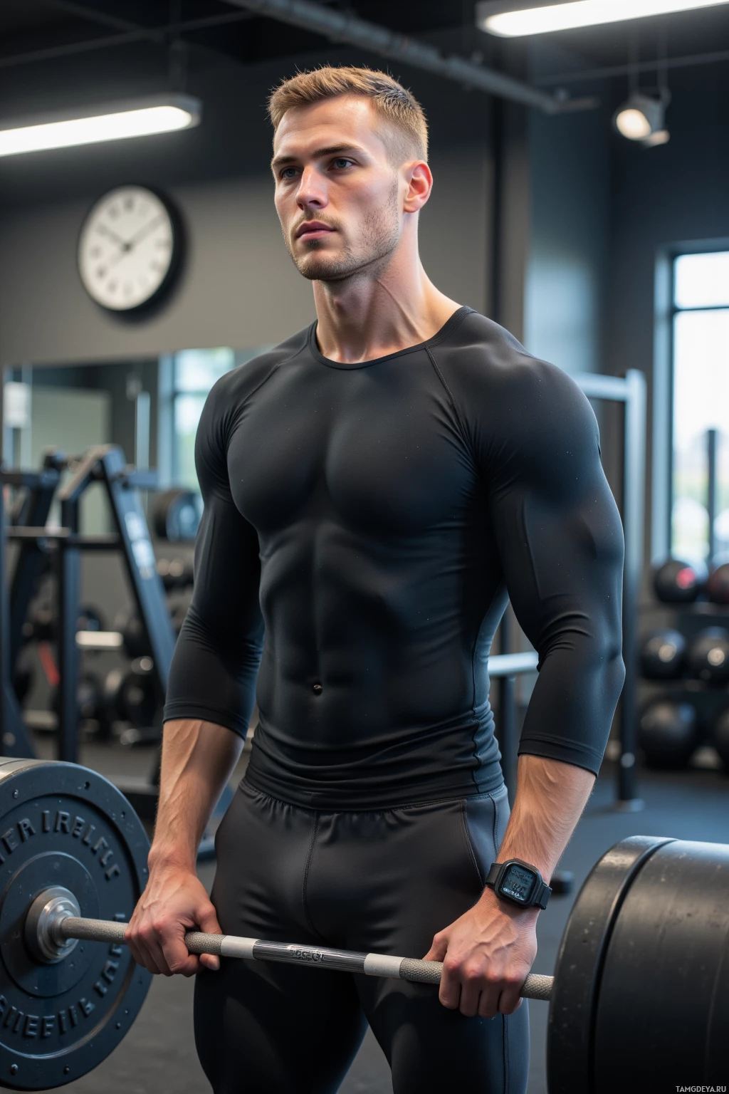 A muscular man in a gym wearing a black athletic outfit, holding a barbell.