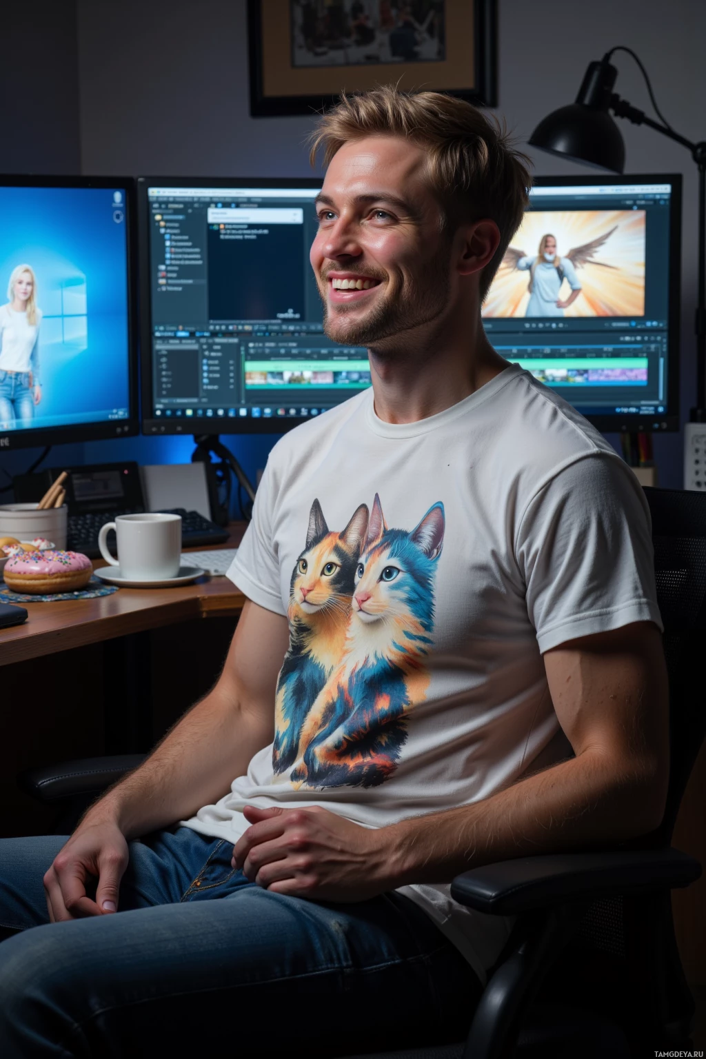 A person wearing a t-shirt with a cat design sits in front of a computer setup with multiple monitors.