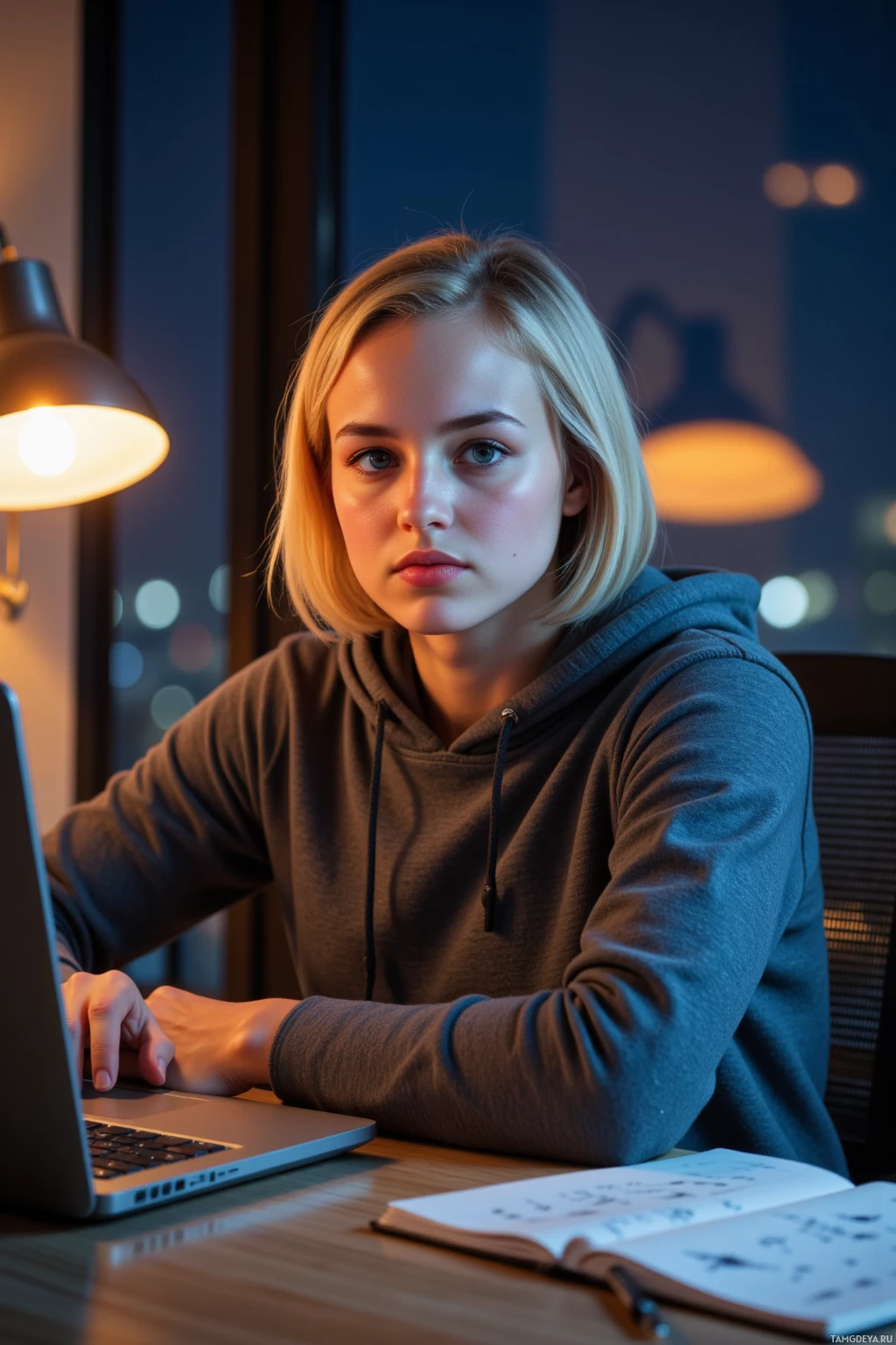 A person in a hoodie sits at a desk with a laptop and notebook, illuminated by a desk lamp.