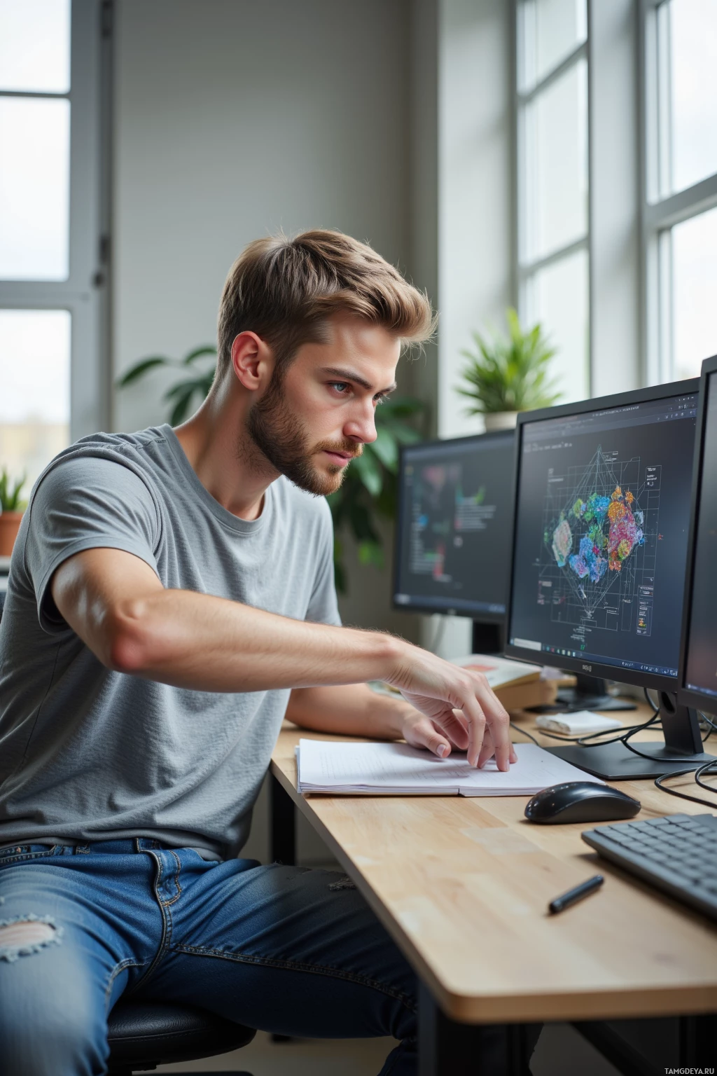 A man is working at a desk with two computer monitors, focusing on the screen.