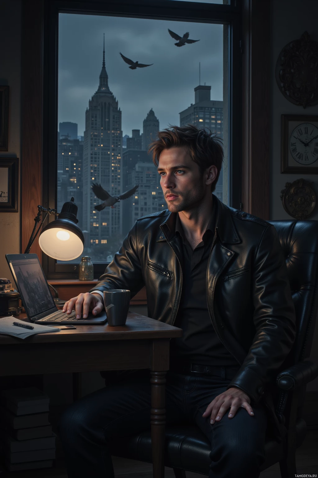 A man in a leather jacket sits at a desk with a laptop, looking out a window at a cityscape with birds flying.