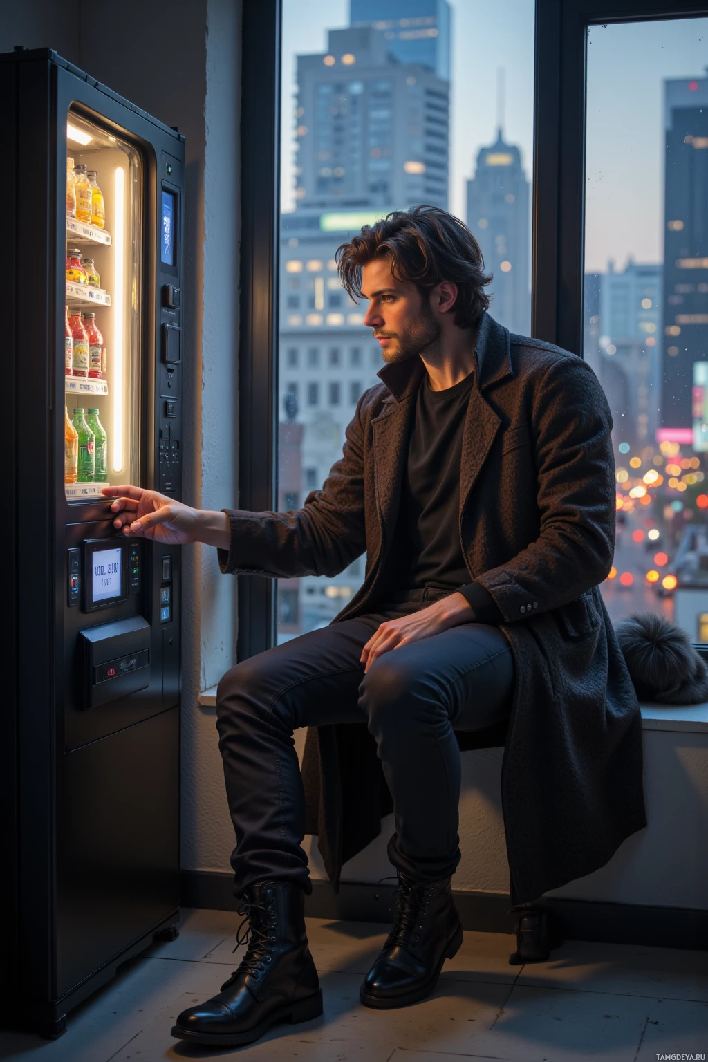A man in a coat sits by a window, interacting with a vending machine.