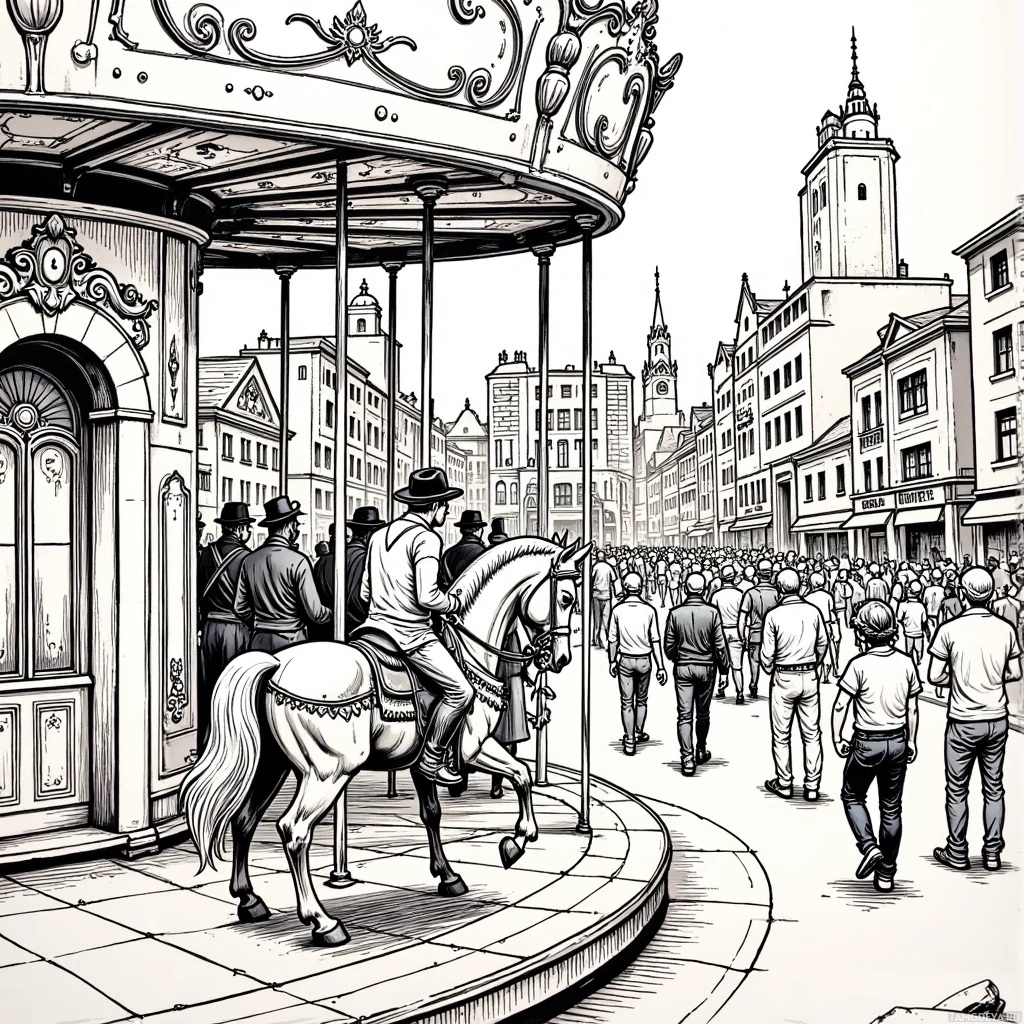 A black-and-white illustration depicts a bustling street scene with a carousel, pedestrians, and a church tower in the background.