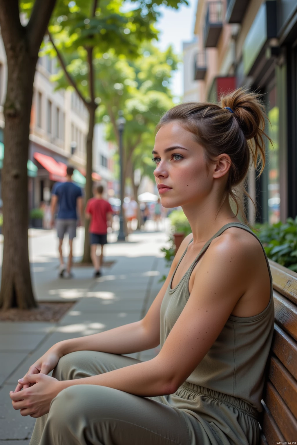 A woman sits on a bench in a sunny urban setting.