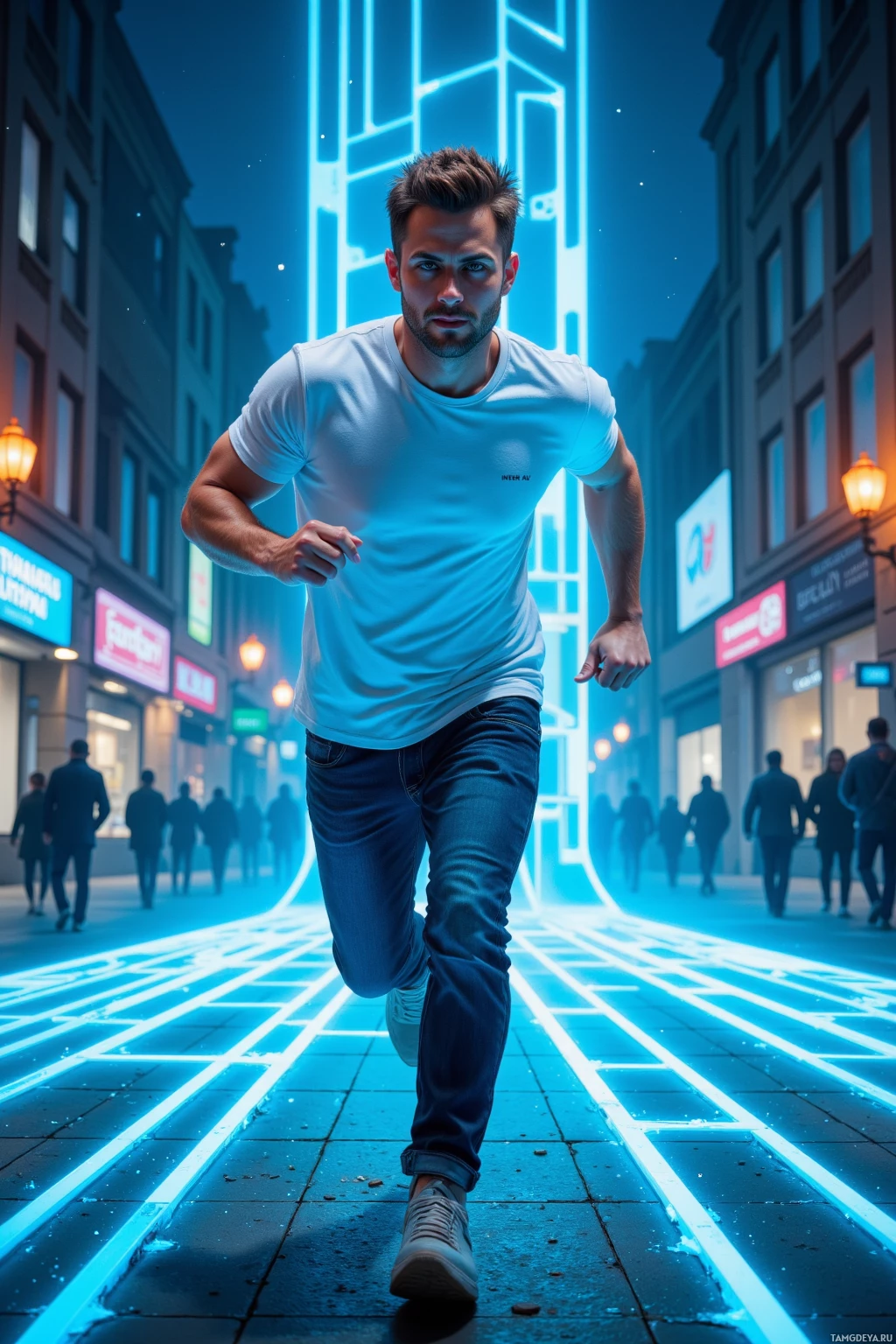 A man runs down a neon-lit street at night.