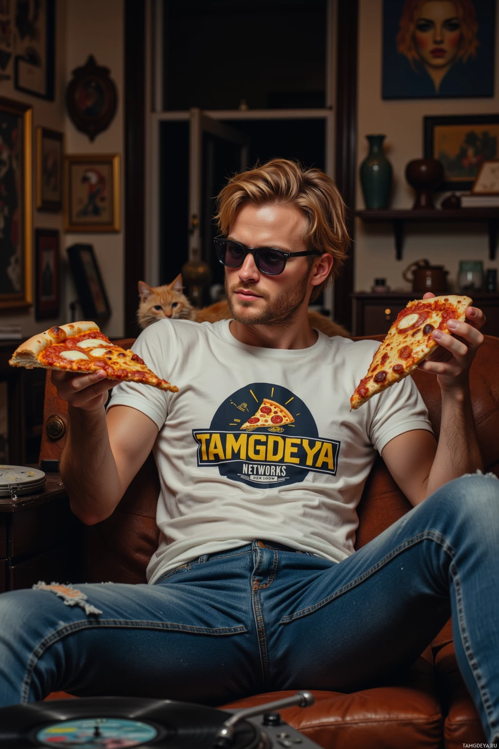 A person wearing sunglasses and a T-shirt with a pizza logo sits on a couch holding slices of pizza.