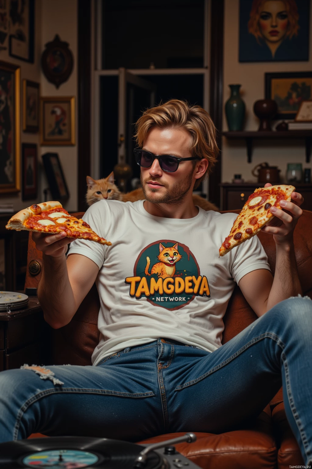 A person wearing sunglasses and a T-shirt with a cat logo sits on a couch holding slices of pizza.